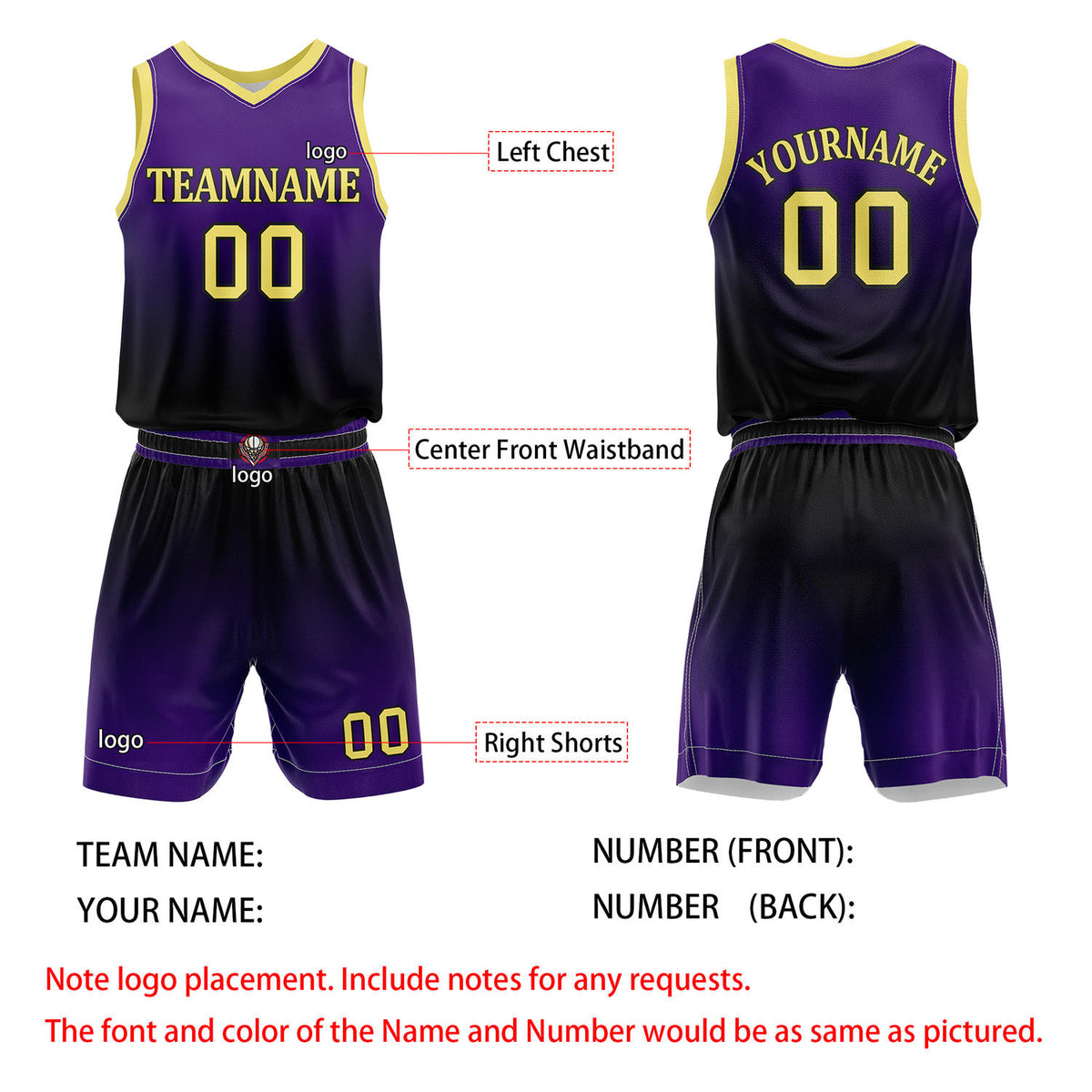 Custom Purple & Black Gradient Basketball Jersey + Shorts Set - Personalized Team Name, Number & LOGO | Vosoli