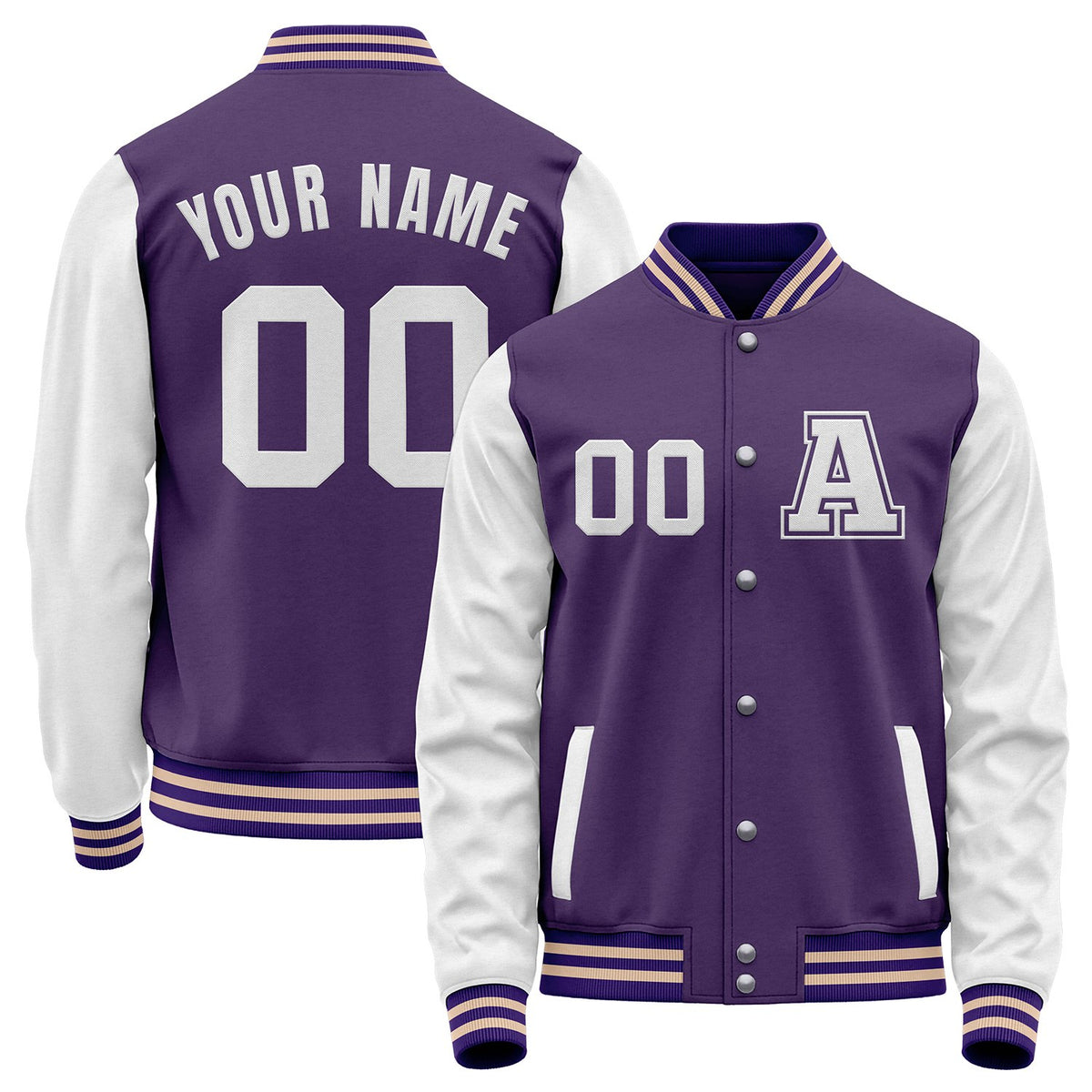 Custom purple and white baseball apparel manufacturer by Vosoli with stitched name, number and logo. Classic varsity jacket for baseball and casual wear.