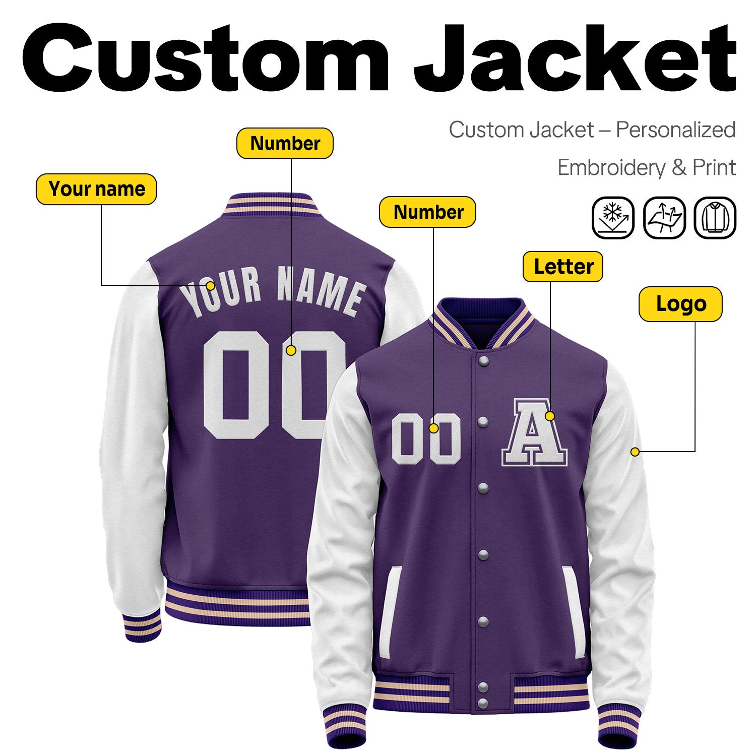 Custom Varsity Jacket with Stitched Name & Number | Purple & White Personalized Team Letterman Bomber