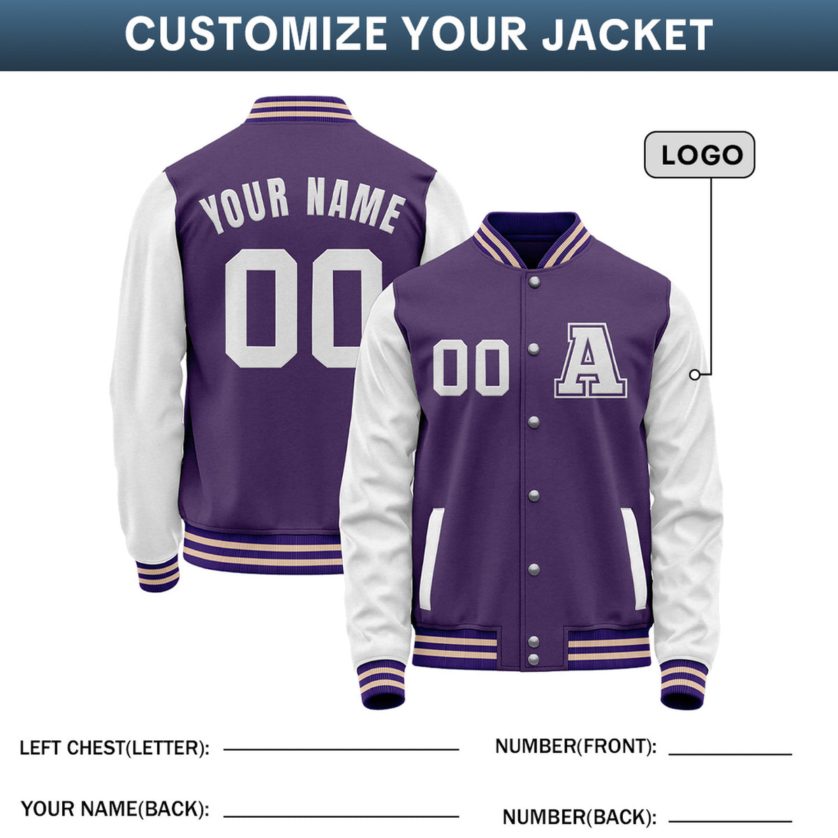 Custom Varsity Jacket with Stitched Name & Number | Purple & White Personalized Team Letterman Bomber