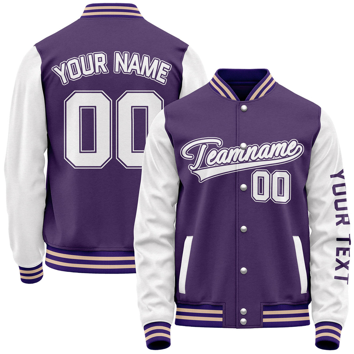 Custom purple and white baseball jackets bulk by Vosoli with stitched name, number and logo. Classic varsity jacket for baseball and casual wear.