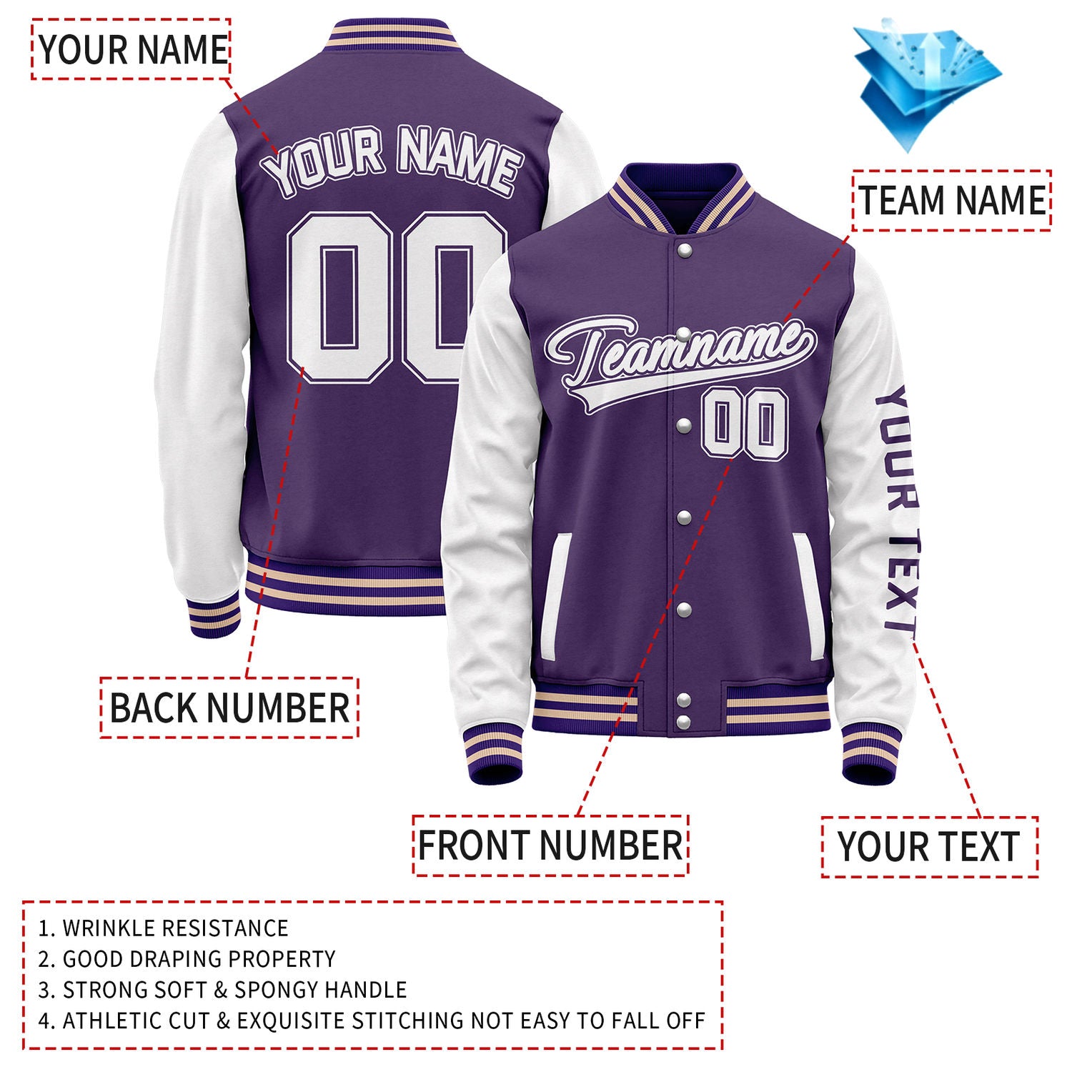 Custom Purple White Jacket Personalized Team Name Number Letterman Bomber for Adult & Youth
