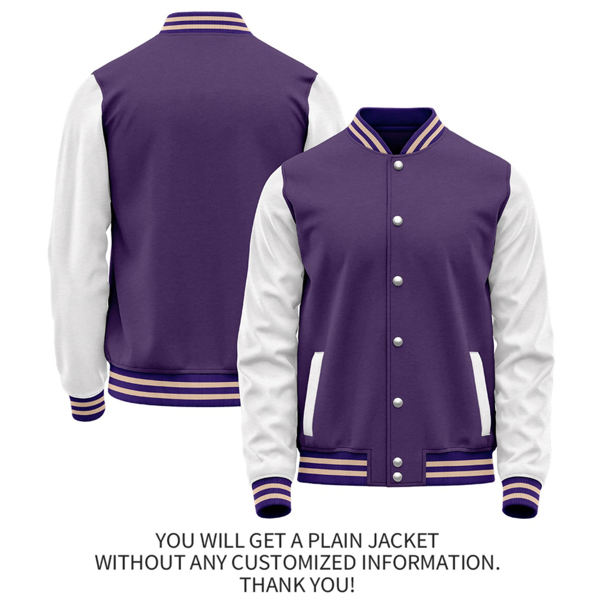 Custom Purple White Jacket Personalized Team Name Number Letterman Bomber for Adult & Youth