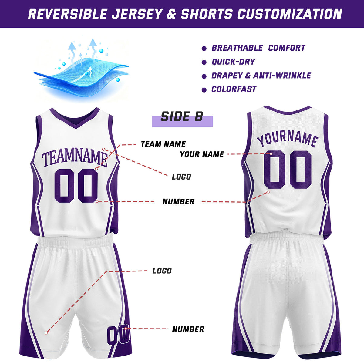 Custom Purple & White Reversible Geometric Basketball Jersey Shorts Set | Personalized Team Uniform