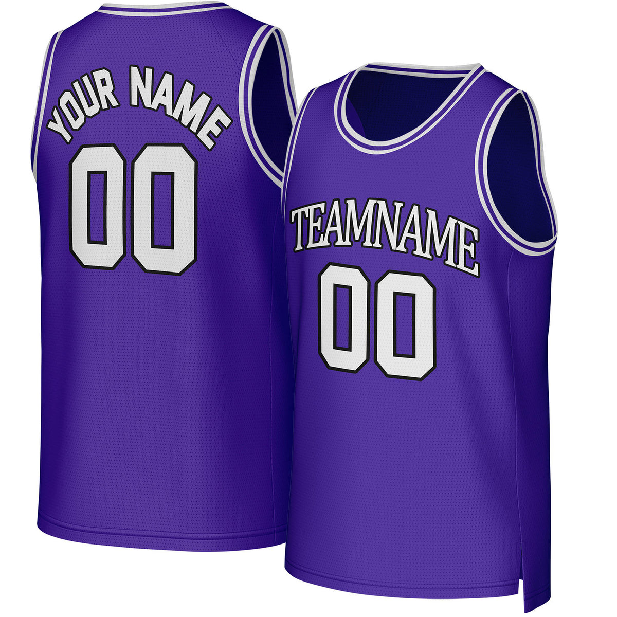 Custom purple & white basketball jersey by Vosoli. Personalized with team name, player name, number, and logo. Breathable mesh jersey for high school, college, AAU teams.