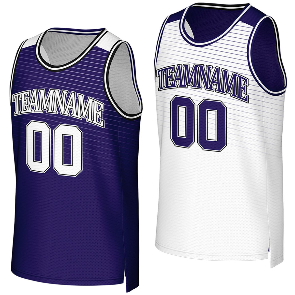 Custom purple & white reversible basketball jersey by Vosoli. Personalized with team name, player name, number, and logo on both sides. Breathable mesh 2-in-1 jersey for high school, college, AAU teams.