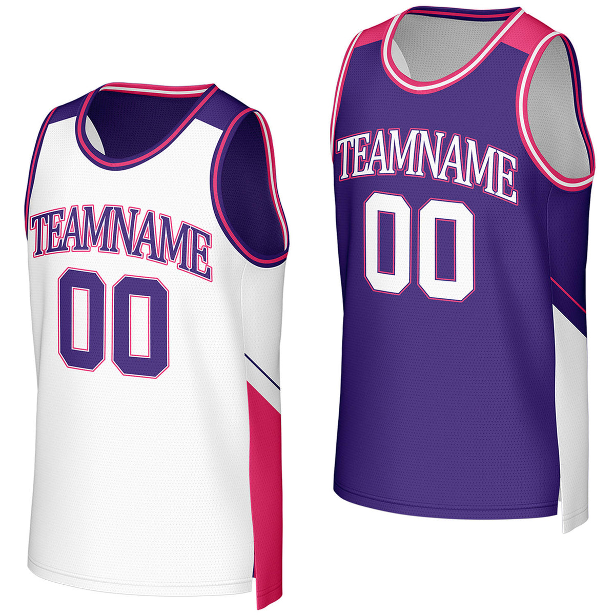 Custom purple & white reversible basketball jersey by Vosoli. Personalized with team name, player name, number, and logo on both sides. Breathable mesh 2‑in‑1 jersey for high school, college, AAU teams.