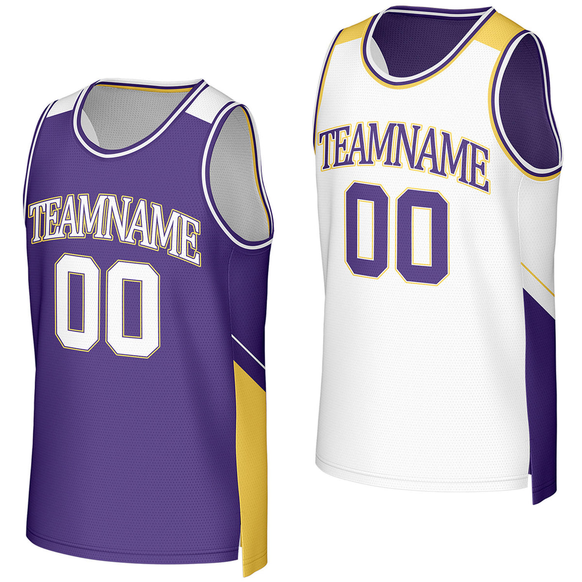 Custom purple & white reversible basketball jersey by Vosoli. Personalized with team name, player name, number, and logo on both sides. Breathable mesh 2‑in‑1 jersey for high school, college, AAU teams.