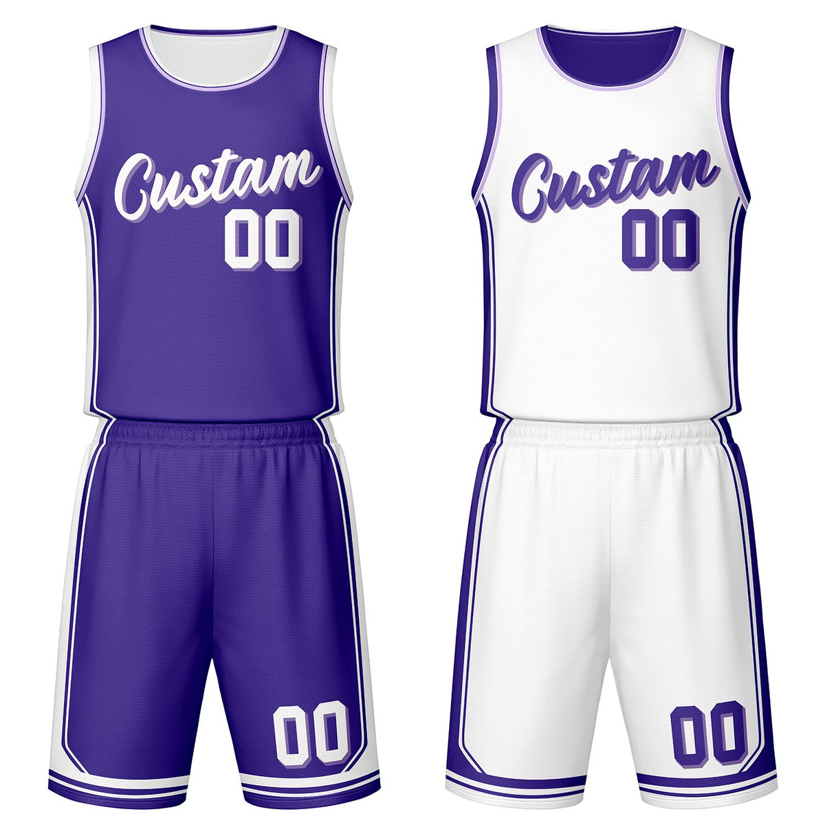 Custom purple &amp; white reversible basketball jersey set with shorts by Vosoli | Personalized team name, number &amp; logo | Breathable mesh sport jersey uniform
