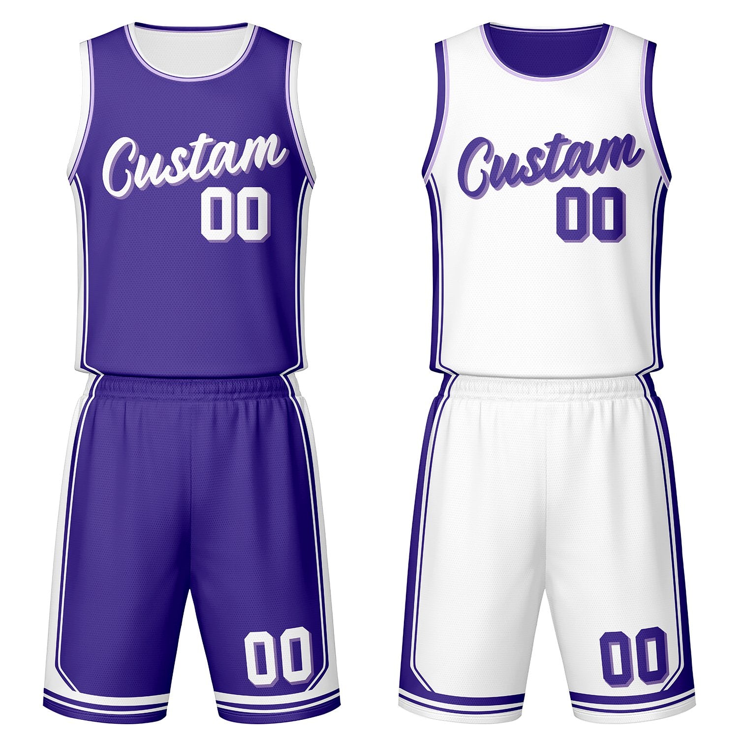Custom purple & white reversible basketball jersey set with shorts by Vosoli | Personalized team name, number & logo | Breathable mesh sport jersey uniform
