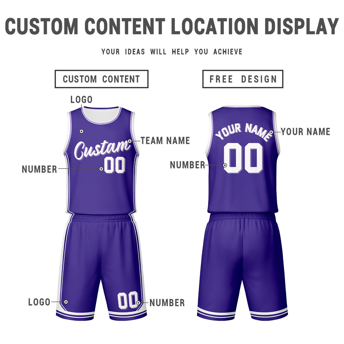 Custom Purple White Reversible Basketball Jersey Set | Personalized Name Number Mesh Sports Uniform