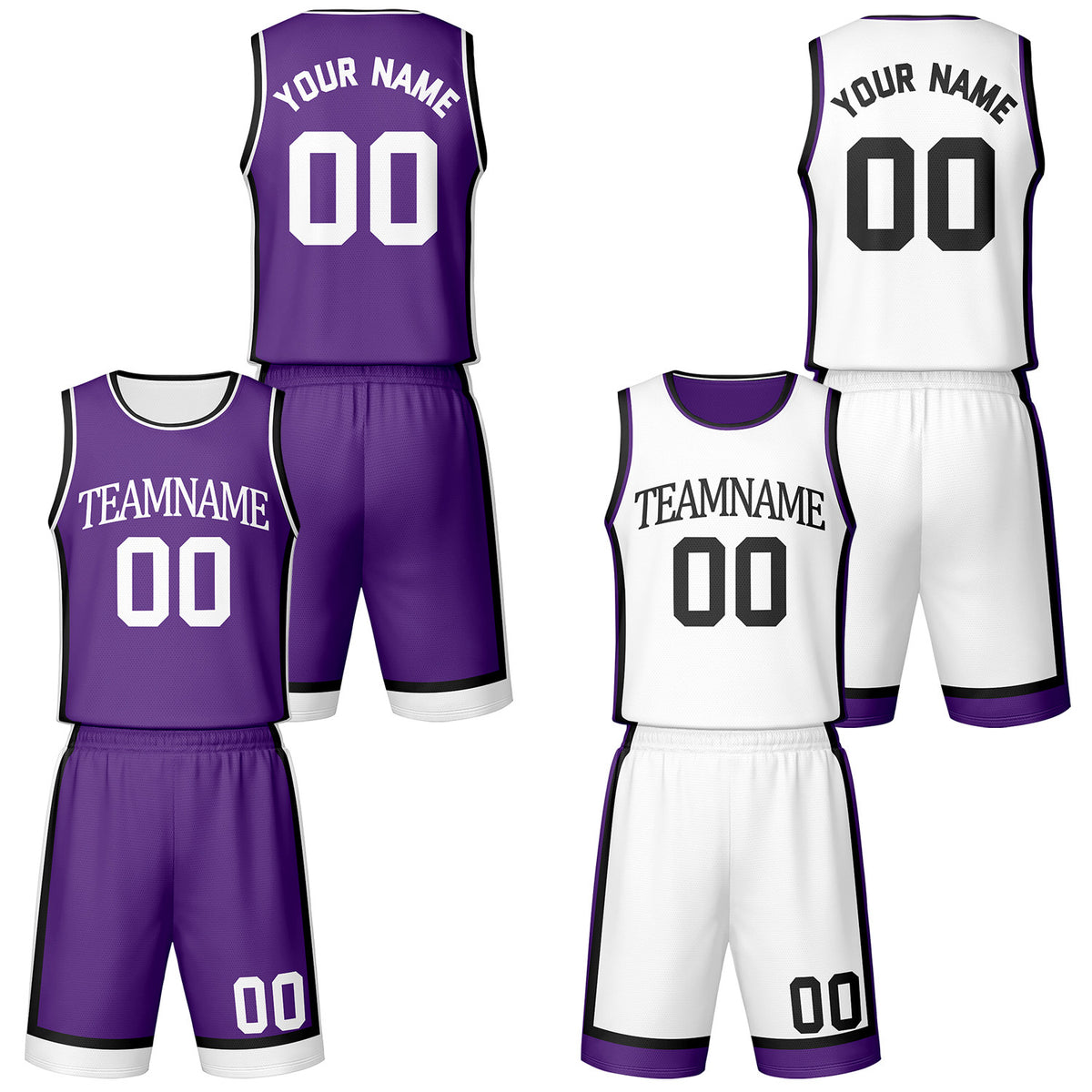 Custom purple &amp; white reversible basketball jersey shorts set by Vosoli | Personalized team name number vintage uniform sportswear