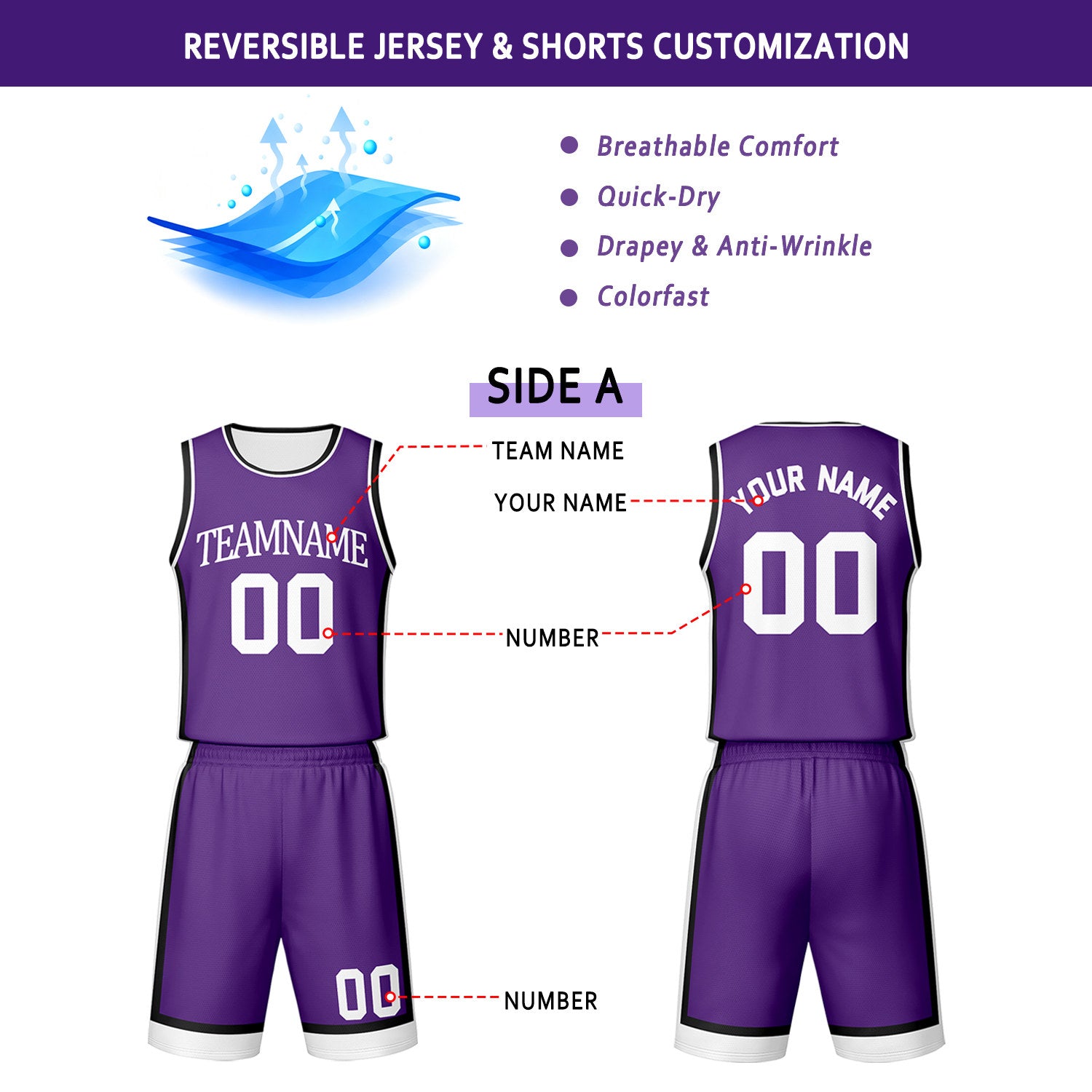 Custom Purple & White Reversible Basketball Jersey Shorts Set | Personalized Team Uniform