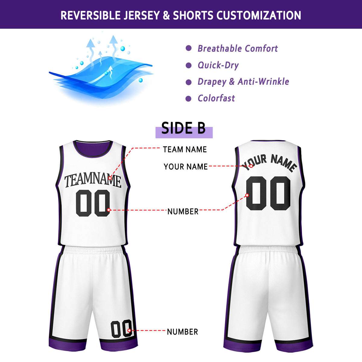 Custom Purple & White Reversible Basketball Jersey Shorts Set | Personalized Team Uniform