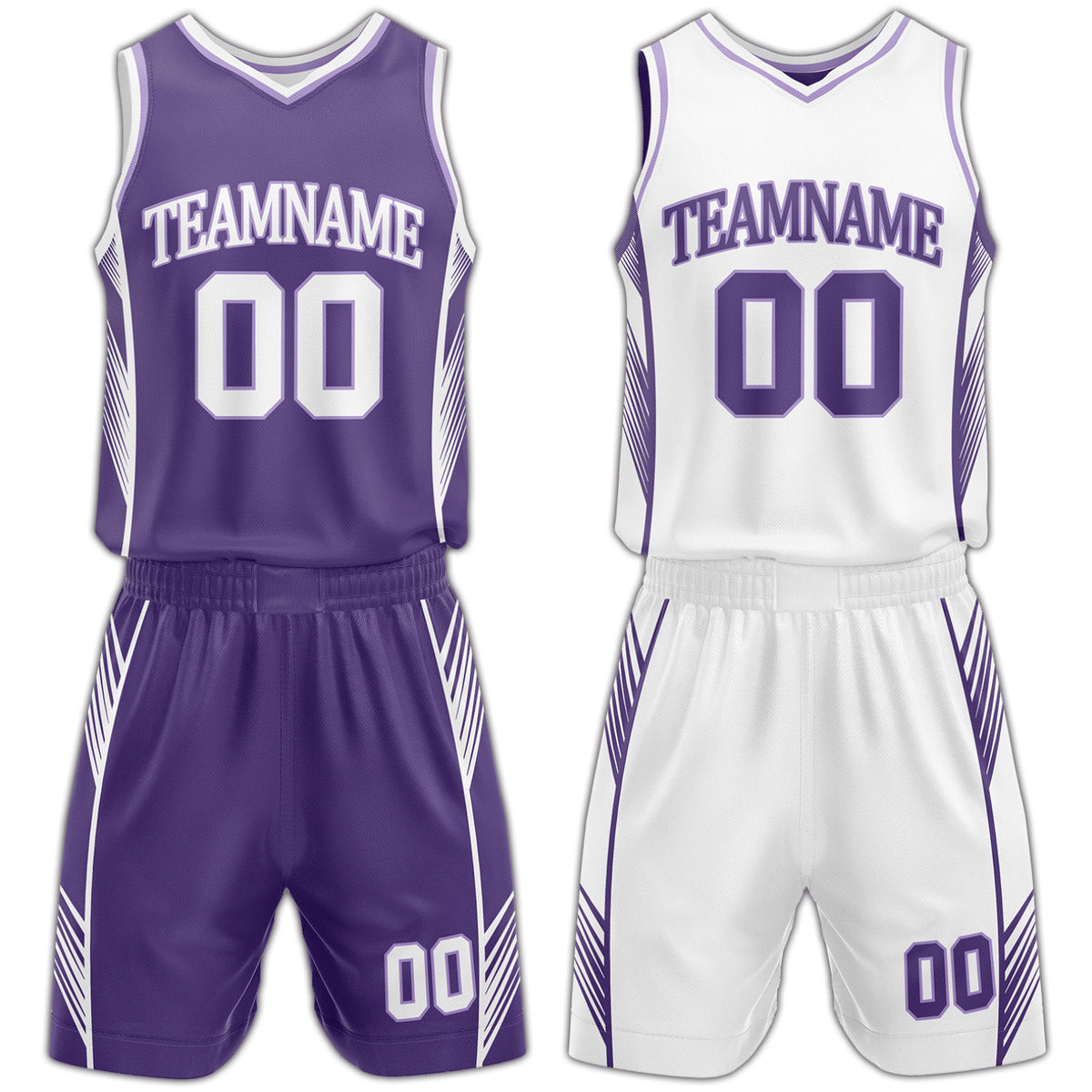Custom purple and white reversible basketball uniform by Vosoli. Personalized with team name, number, and logo. Breathable mesh jersey and shorts for high school, college, and AAU teams.