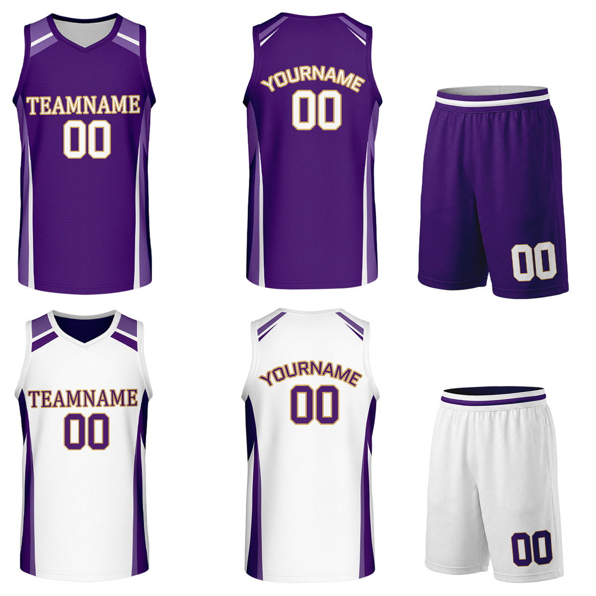 Custom purple and white reversible basketball uniform by Vosoli. Personalized with team name, number, and logo. Breathable mesh jersey and shorts for high school, college, and AAU teams.