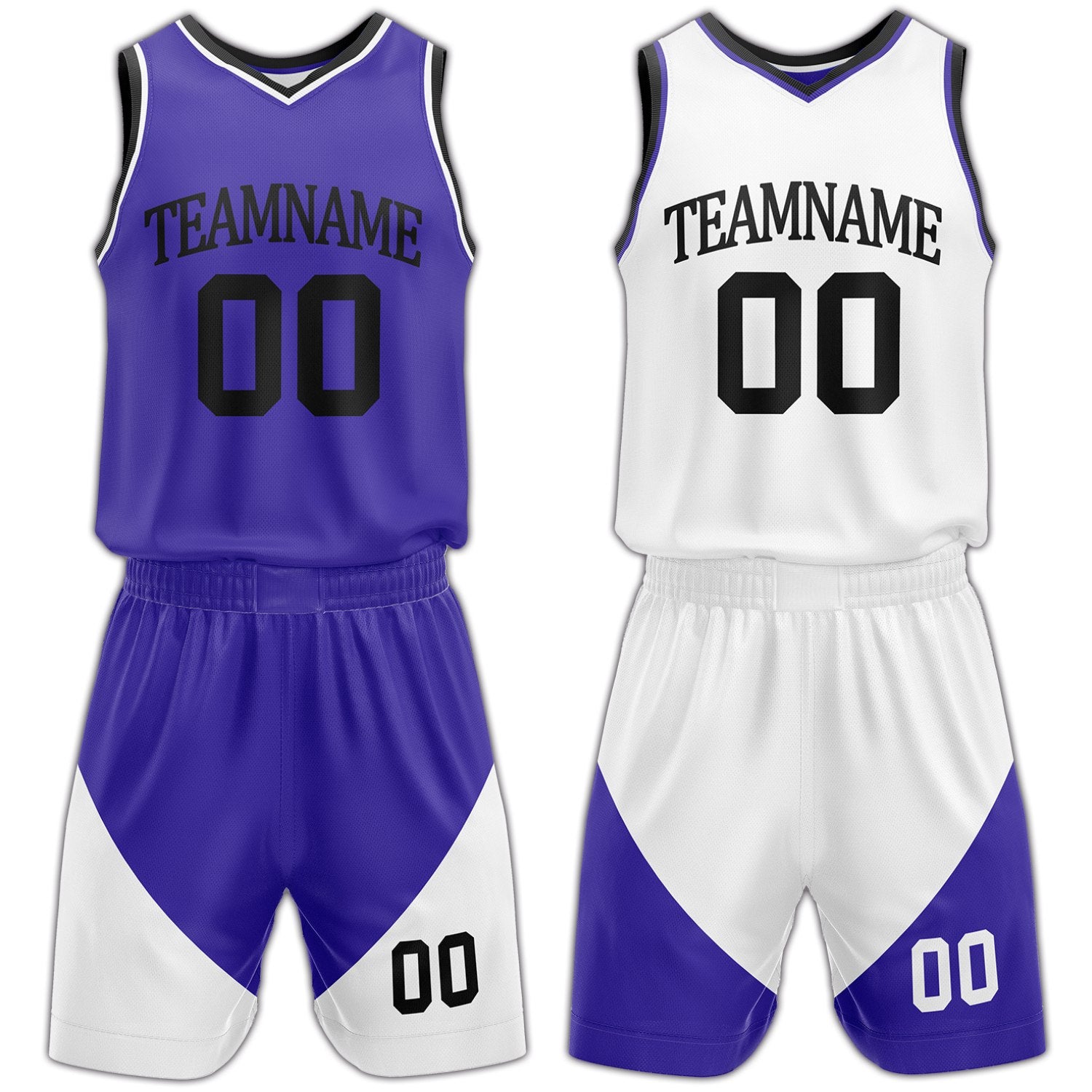 Custom purple and white reversible basketball uniform by Vosoli. Personalized with team name, number, and logo. Breathable mesh jersey and shorts for high school, college, AAU teams.