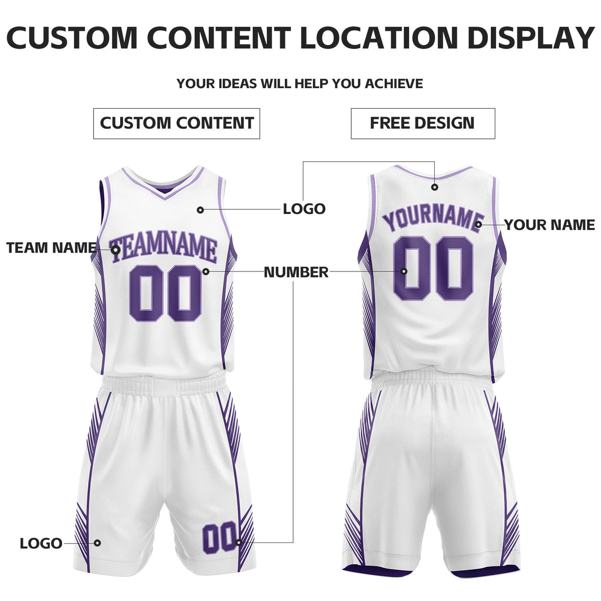 Custom Purple & White Reversible Basketball Uniform Set | Personalized Name Number Sports Jersey Shorts Kit