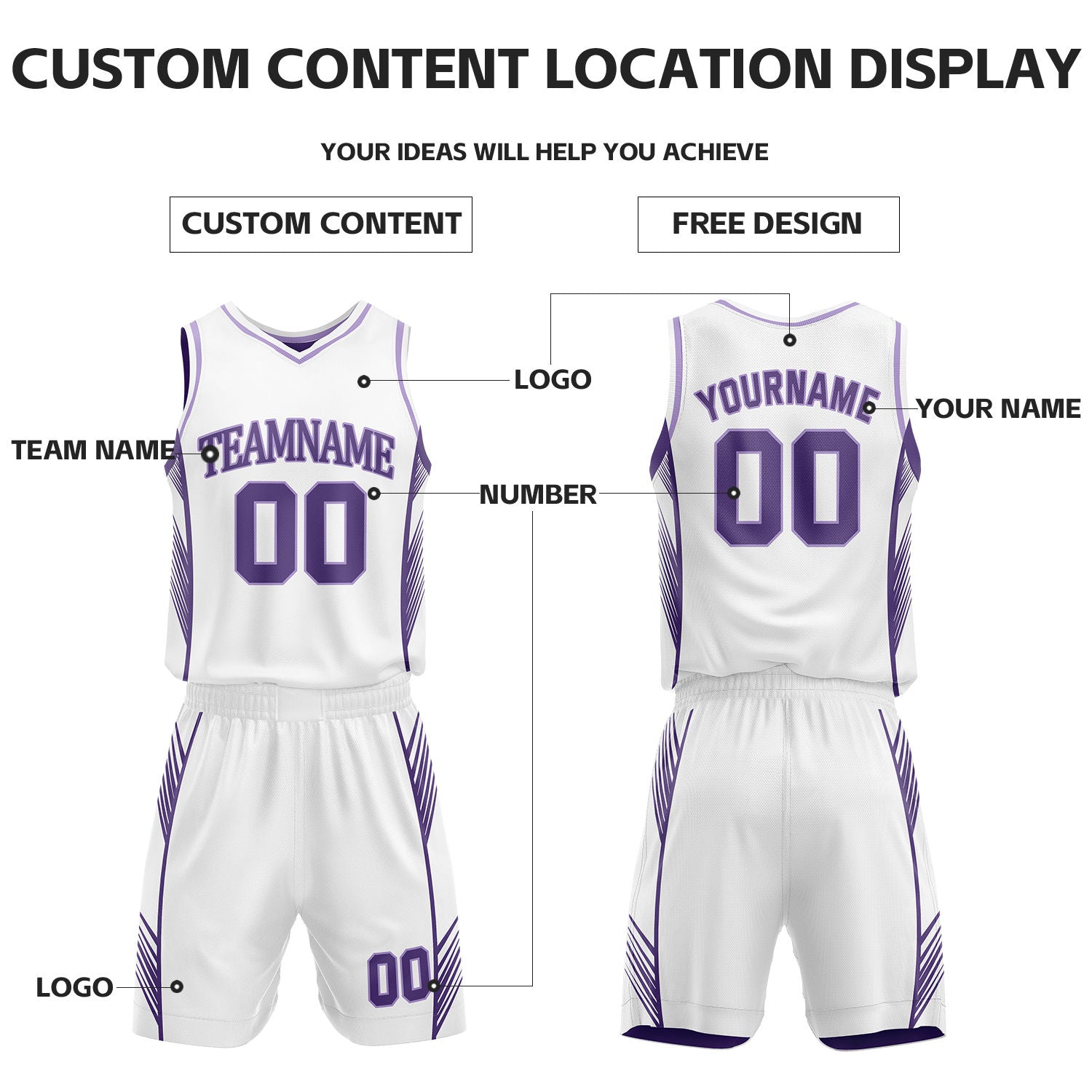 Custom Purple & White Reversible Basketball Uniform Set | Personalized Name Number Sports Jersey Shorts Kit