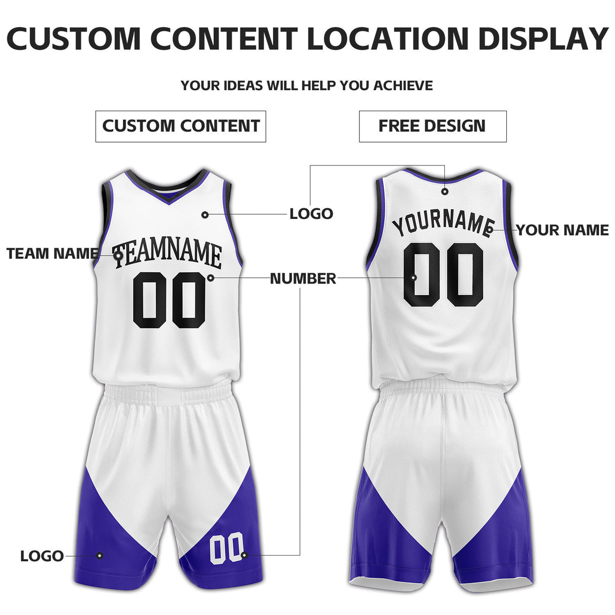 Custom Purple & White Reversible Basketball Uniform Set | Personalized Name Number Sports Jersey Shorts Kit