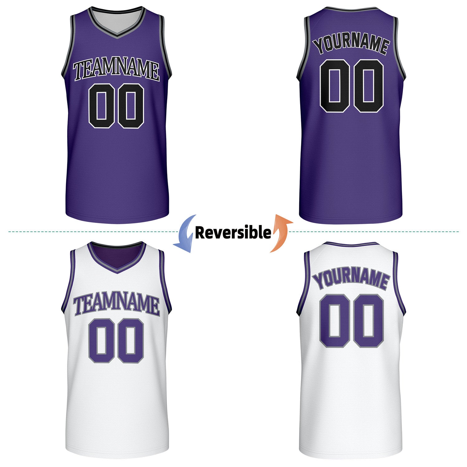 Custom reversible retro purple & white basketball jersey, personalized team name & number, 2-in-1 sleeveless uniform for men women youth adult game practice - Vosoli