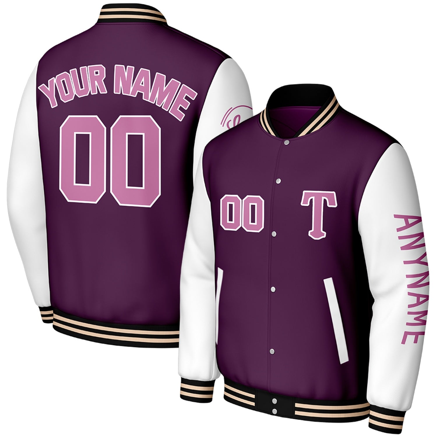 custom purple white travel baseball team apparel by Vosoli, personalized stitched name, number & logo, classic button up varsity letterman jacket for baseball travel team and casual wear