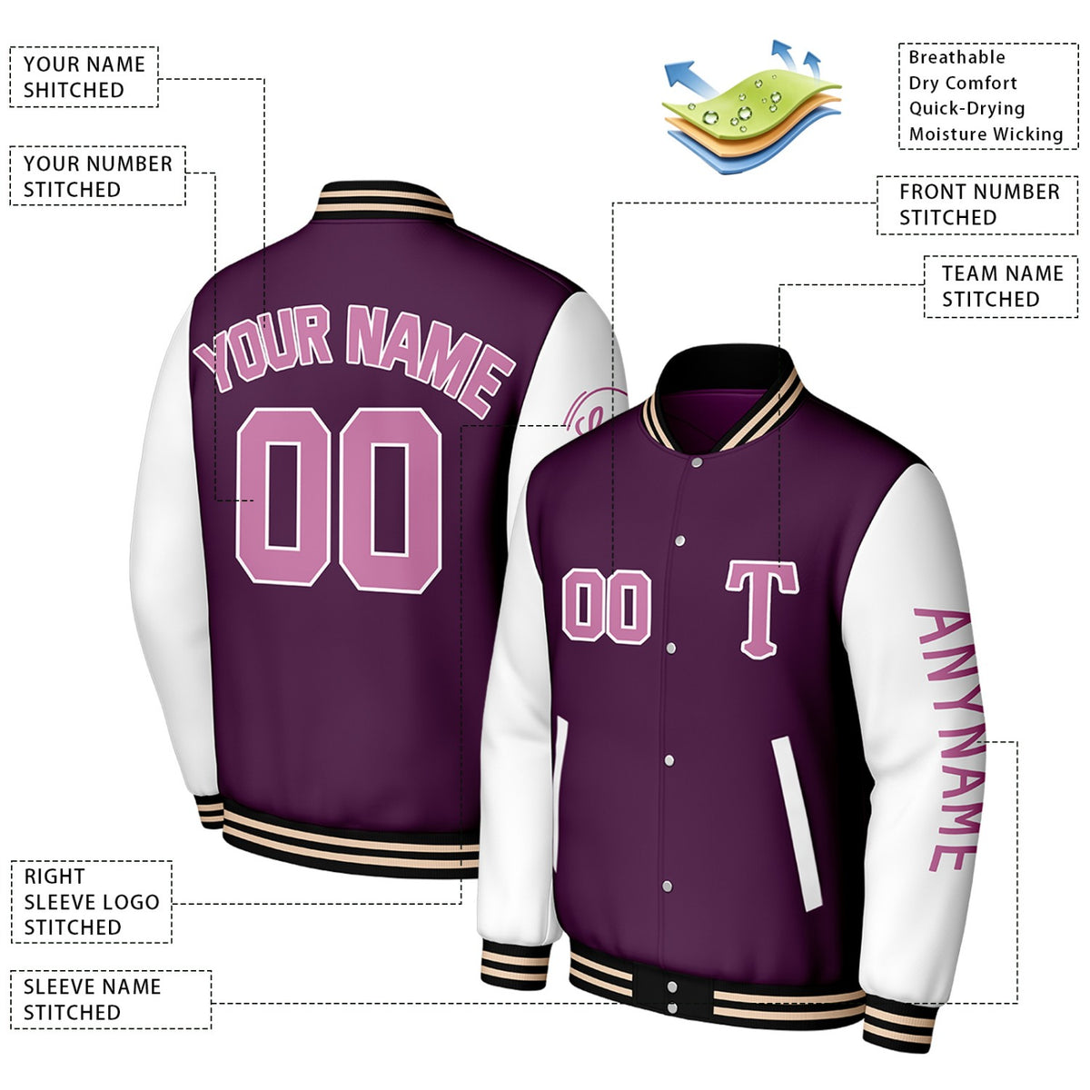 Custom Purple & White Varsity Baseball Jacket | Personalized Letterman Baseball Bomber for Adult & Youth