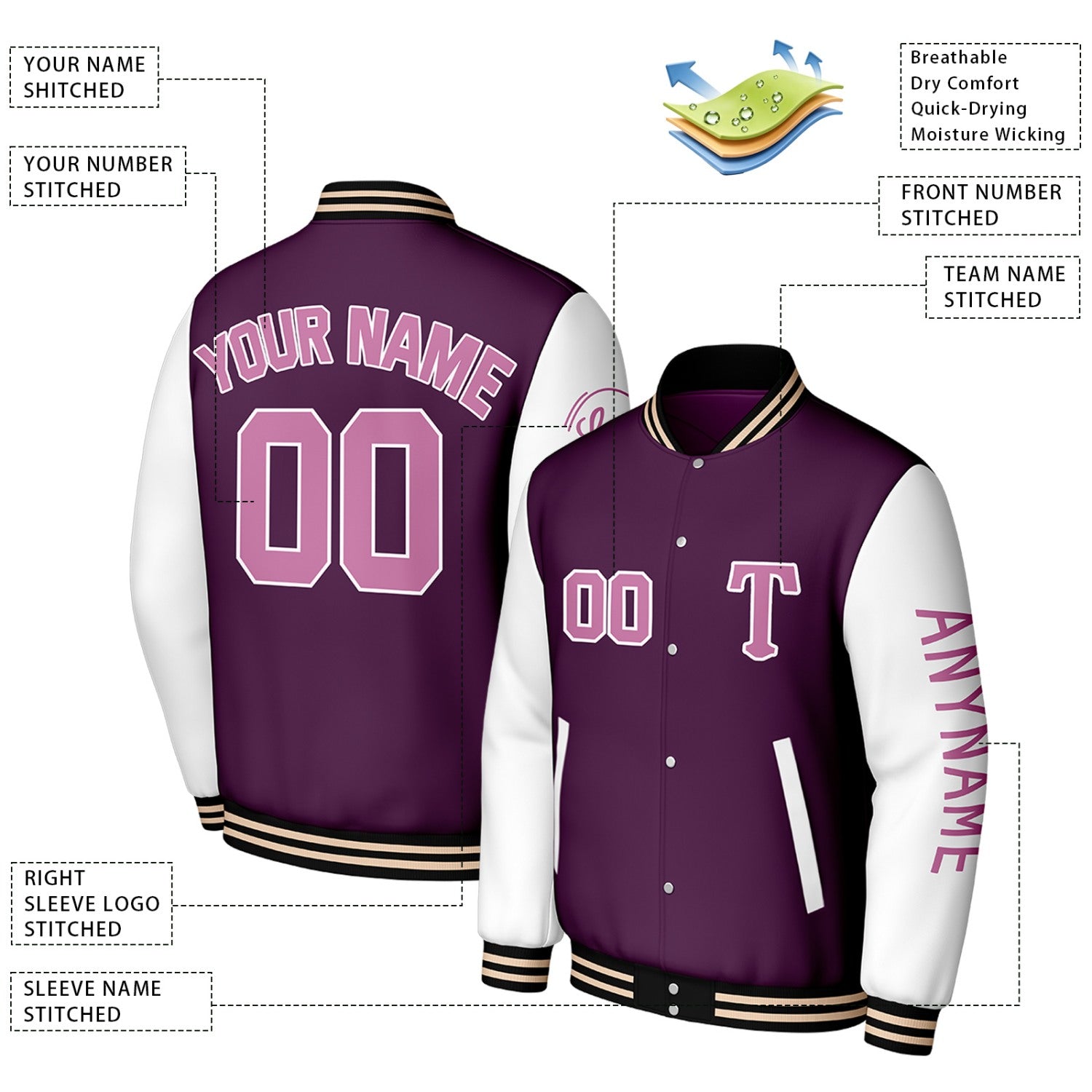 Custom Purple & White Varsity Baseball Jacket | Personalized Letterman Baseball Bomber for Adult & Youth