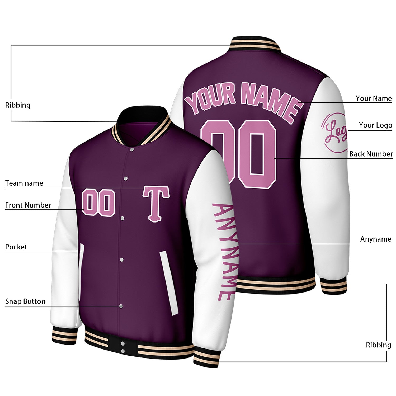 Custom Purple & White Varsity Baseball Jacket | Personalized Letterman Baseball Bomber for Adult & Youth