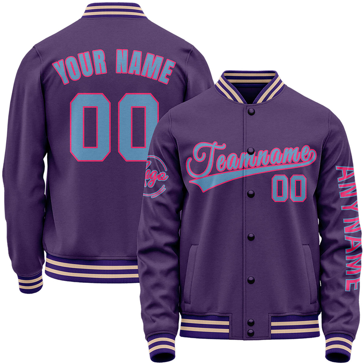 Custom purple women's baseball jacket by Vosoli with stitched name, number and logo. Classic varsity jacket for baseball and casual wear.