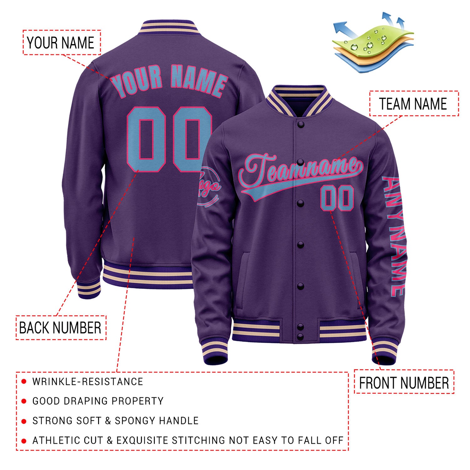 Custom Purple Varsity Letterman Jacket | Personalized Stitched Team Name Number Outerwear