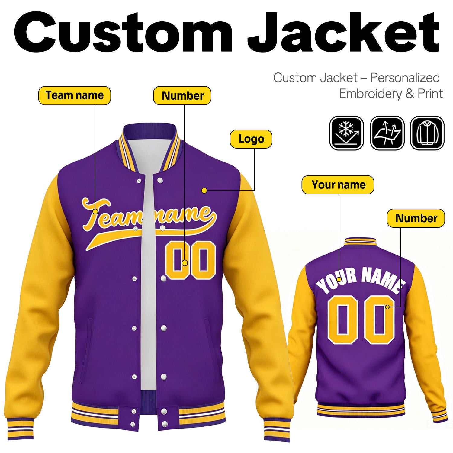 Custom Purple & Yellow Contrast Sleeve Varsity Baseball Jacket | Personalized Team Name & Number
