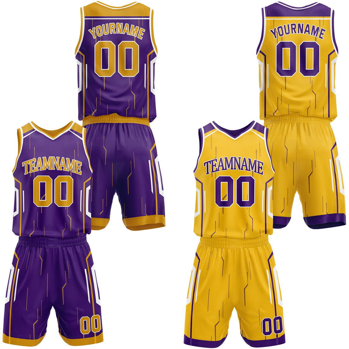 Custom purple &amp; yellow reversible basketball jersey shorts set by Vosoli | Personalized block team name number tech geometric uniform sportswear