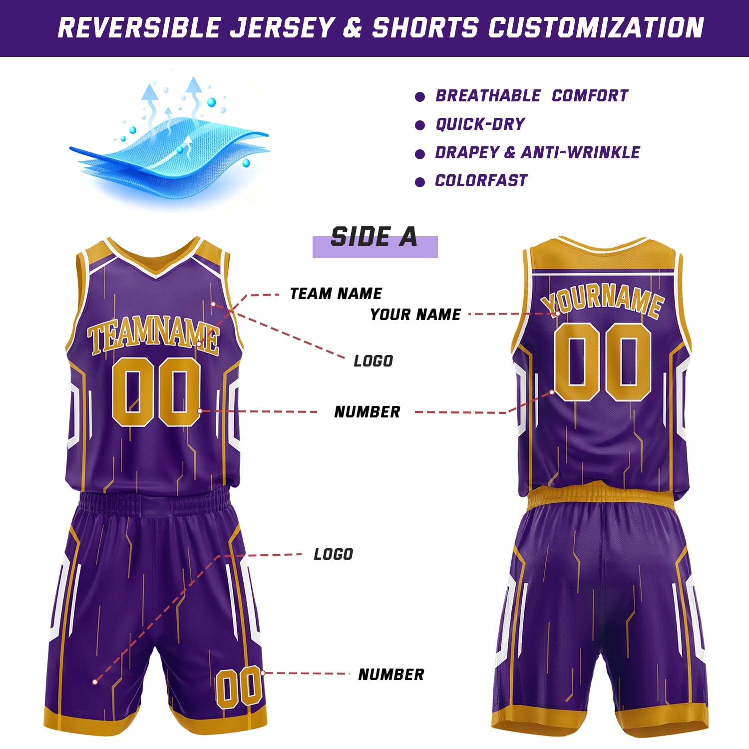 Custom Purple & Yellow Reversible Geometric Basketball Jersey Shorts Set | Personalized Team Uniform