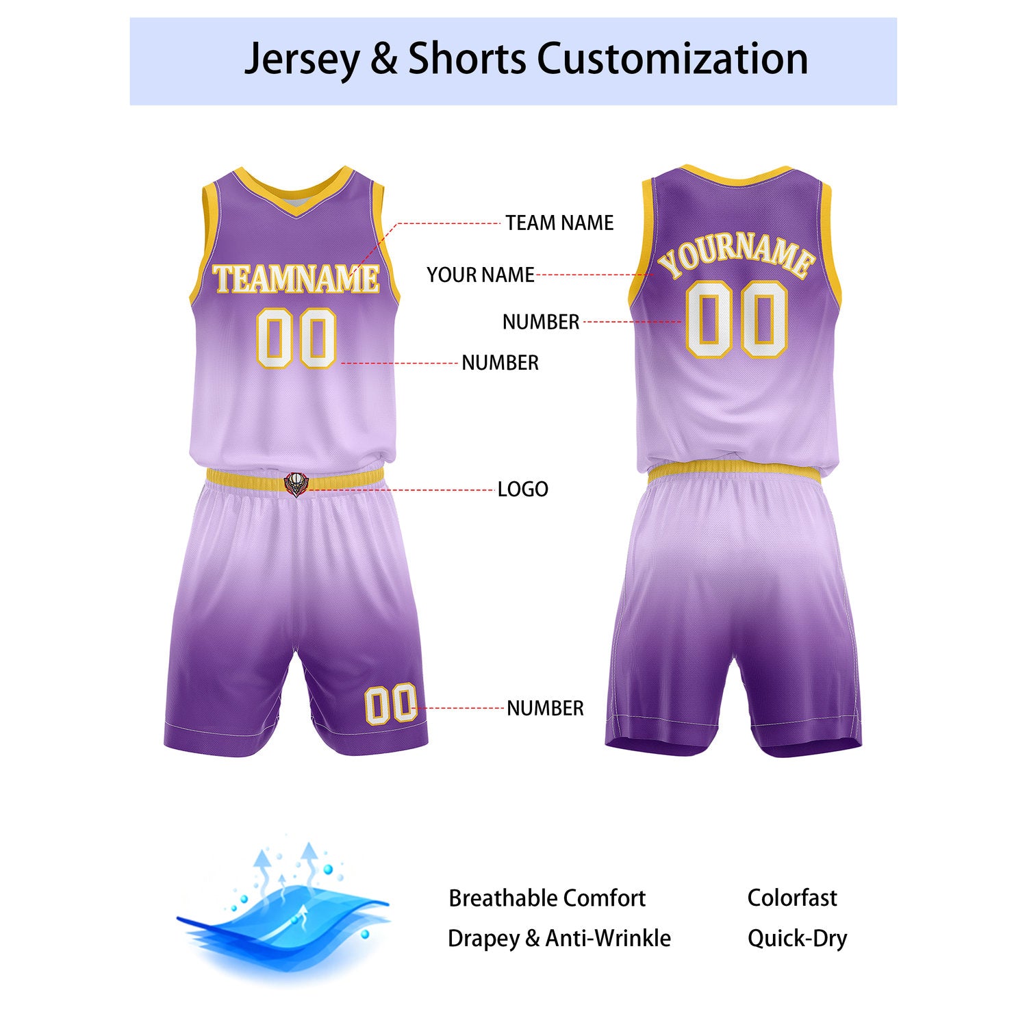 Custom Purple & Yellow Gradient Basketball Jersey + Shorts Set - Personalized Team Name, Number | Vosoli