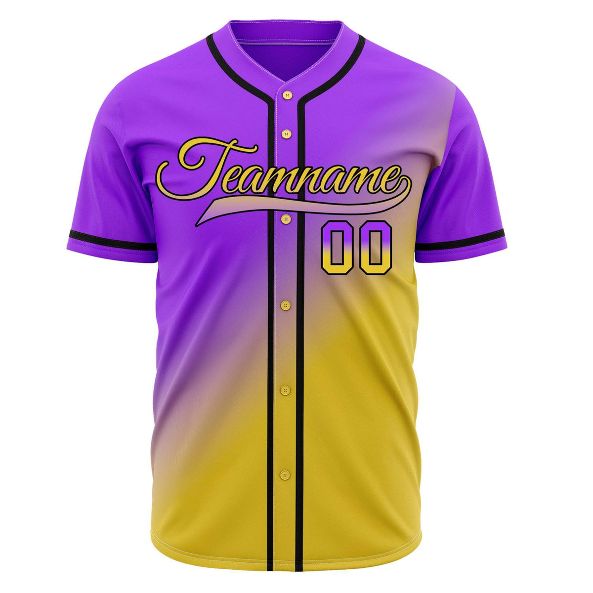 Custom purple-to-yellow gradient baseball jersey, personalized with team name and number logo, paired with black trim details, breathable fabric for men and women - Vosoli