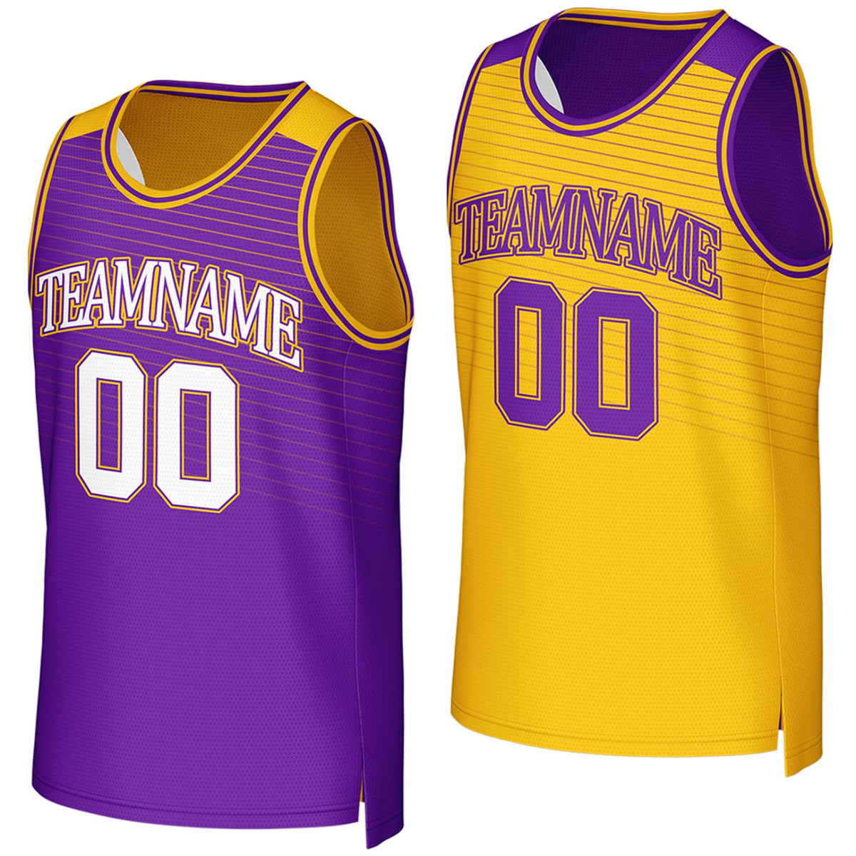 Custom purple & yellow reversible basketball jersey by Vosoli. Personalized with team name, player name, number, and logo on both sides. Breathable mesh 2-in-1 jersey for high school, college, AAU teams.
