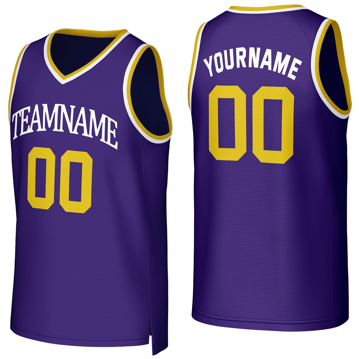 Custom purple-yellow V-neck mesh basketball jersey by Vosoli | Personalized name & number team uniform for youth & adults