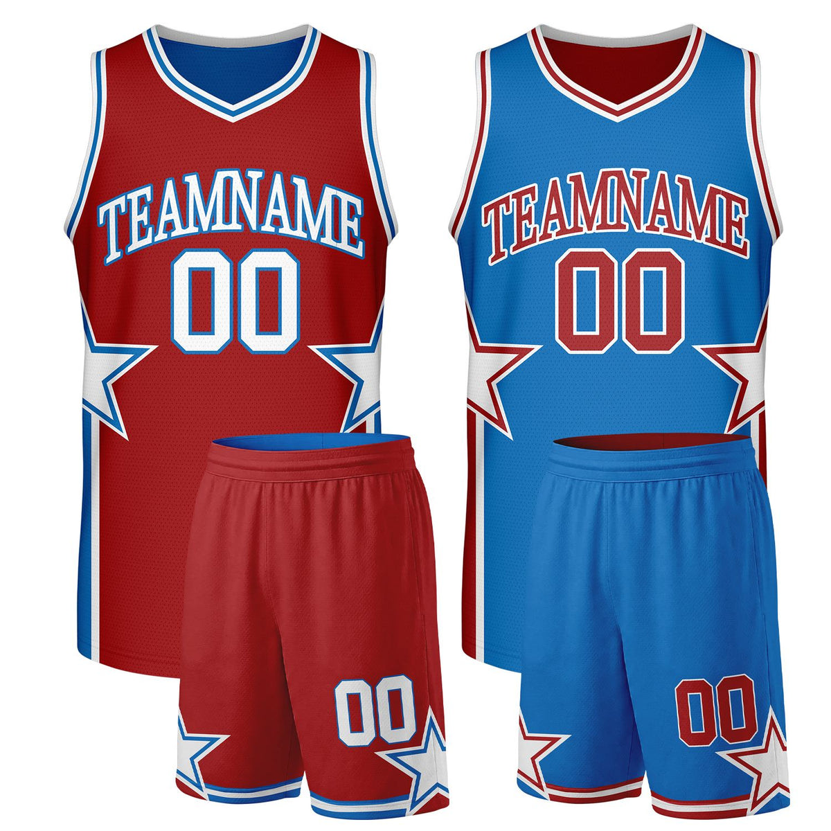 custom quick turnaround basketball uniforms red blue reversible by Vosoli. Personalized team name, player number & logo. Breathable mesh. Fast delivery.