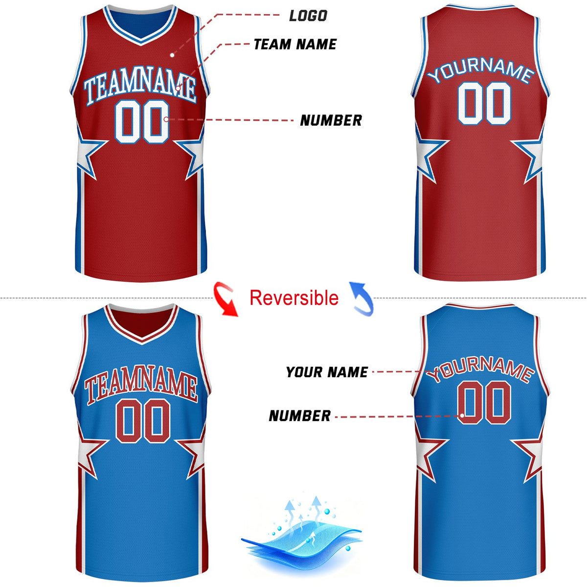 Custom Red & Blue Star Graphic Reversible Basketball Uniform Set | Breathable Mesh Jersey & Shorts for Team Sports