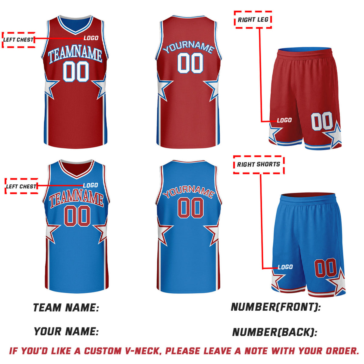 Custom Red & Blue Star Graphic Reversible Basketball Uniform Set | Breathable Mesh Jersey & Shorts for Team Sports