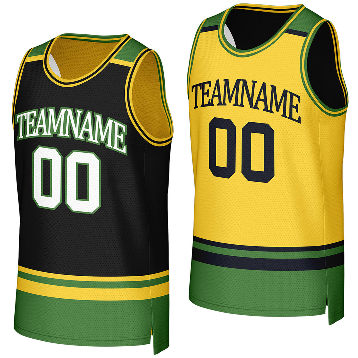 custom rec league basketball jerseys black yellow reversible by Vosoli, Personalized team name, number &amp; logo.
