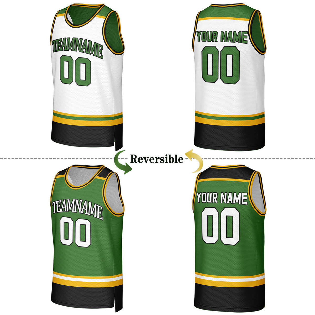 Custom White & Green Striped Reversible Basketball Jersey | Personalized Team Jerseys with Name, Number & Logo