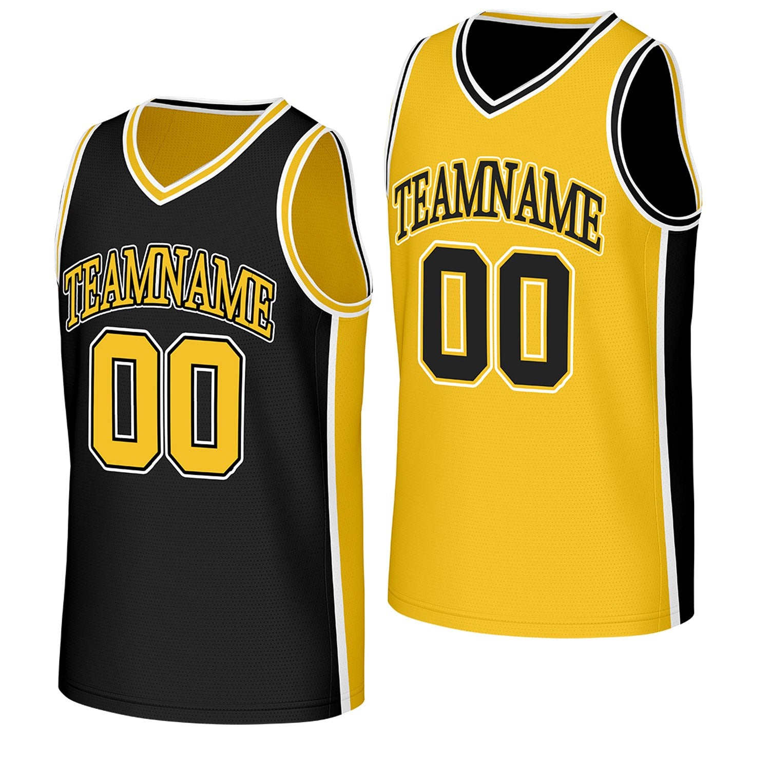 custom recreation basketball jerseys black yellow reversible by Vosoli, Personalized team name, number & logo. Fast delivery.