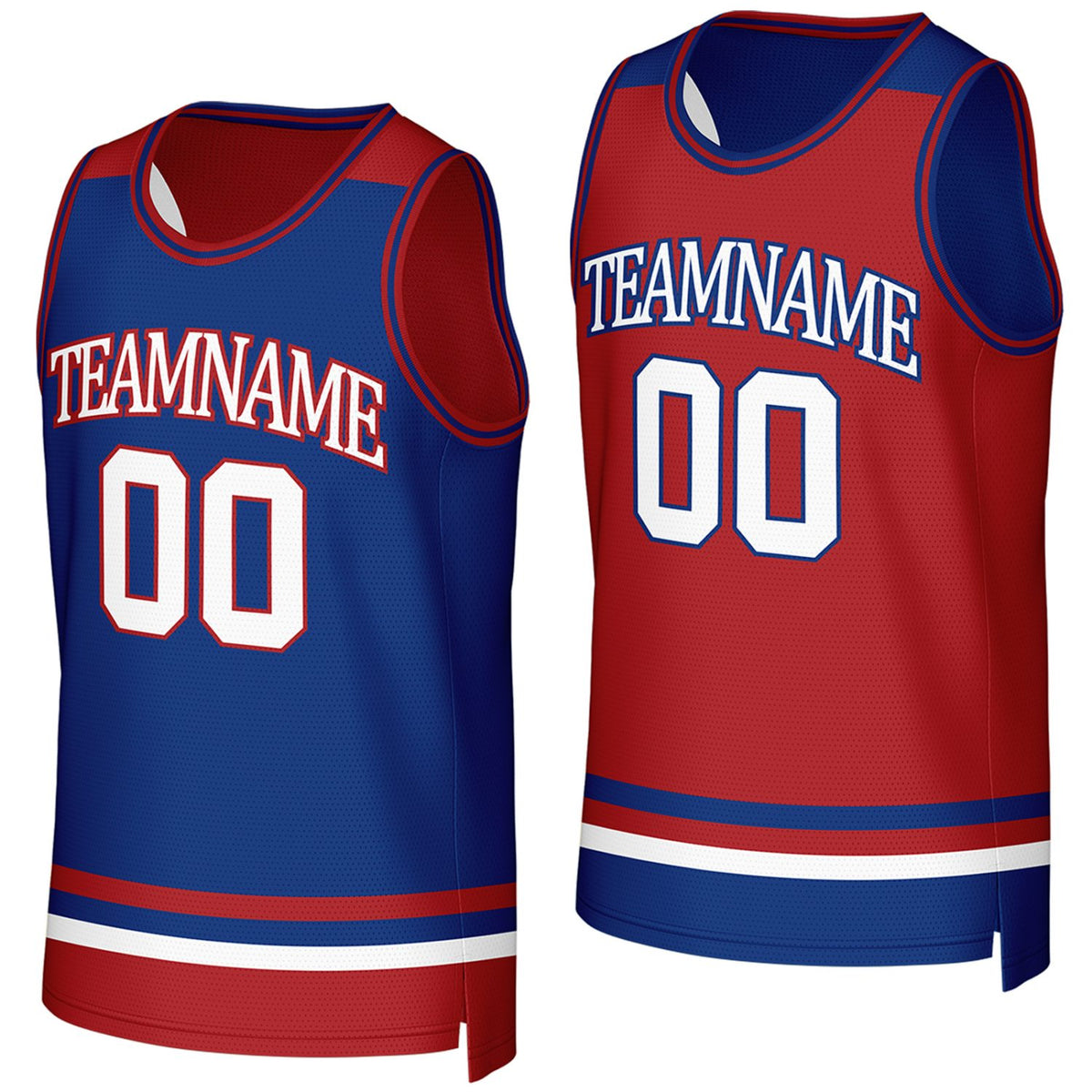 custom recreational basketball jerseys red royal blue reversible by Vosoli, Personalized team name, number &amp; logo.