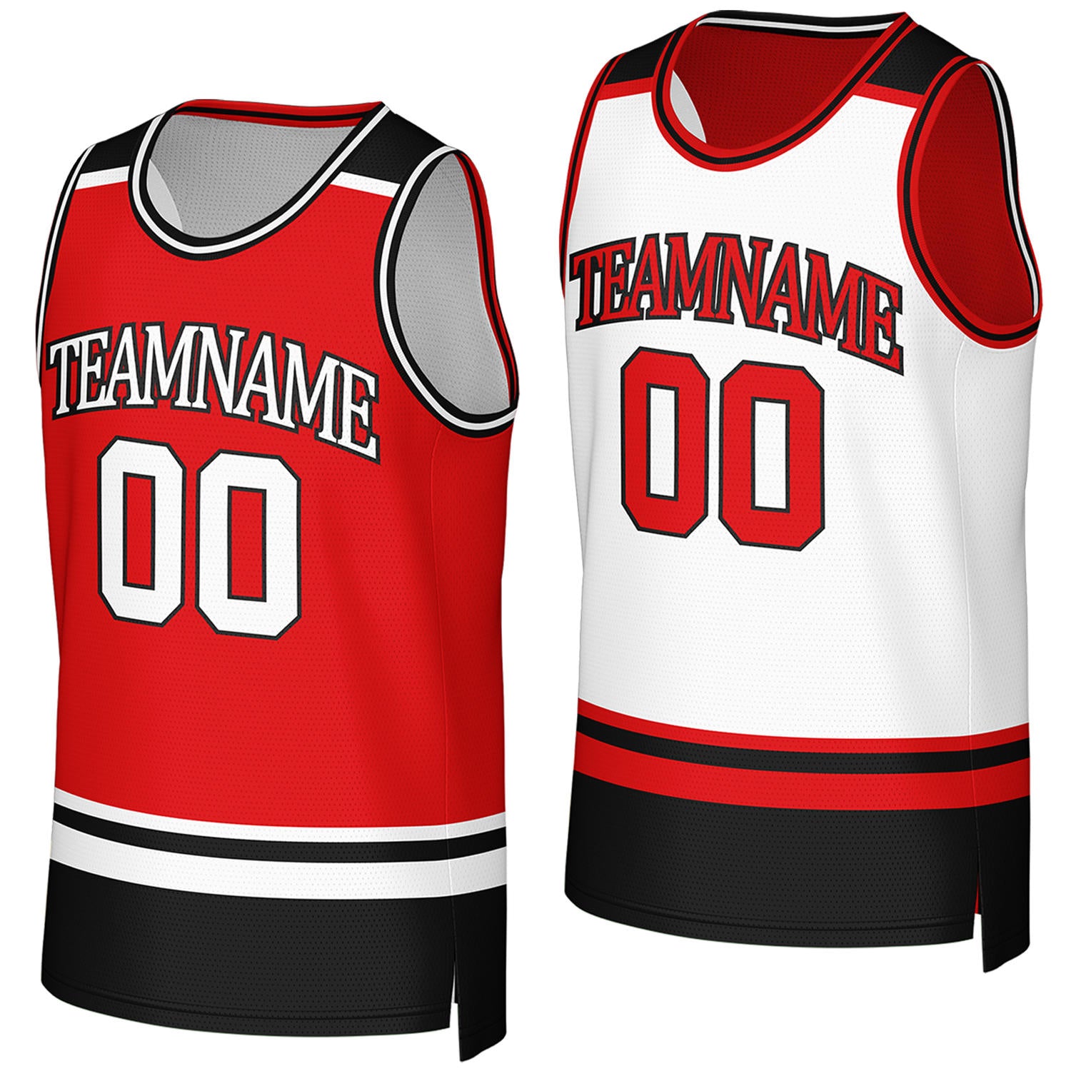 custom recreational basketball jerseys red white reversible by Vosoli, Personalized team name, number & logo.
