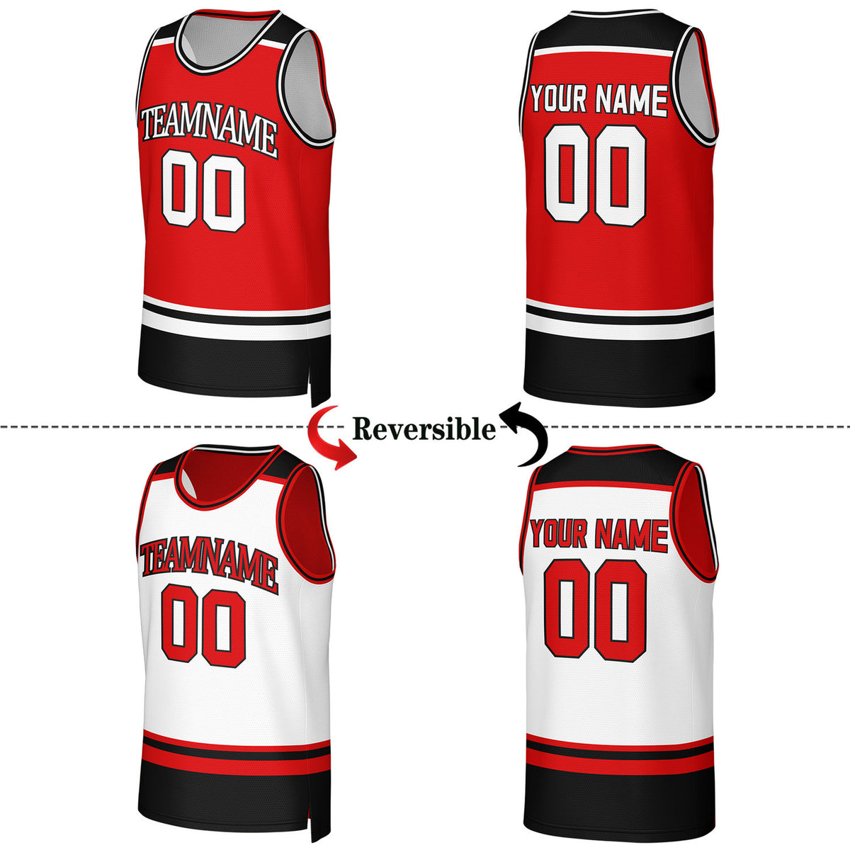 Custom Red & White Striped Reversible Basketball Jersey | Personalized Team Jerseys with Name, Number & Logo