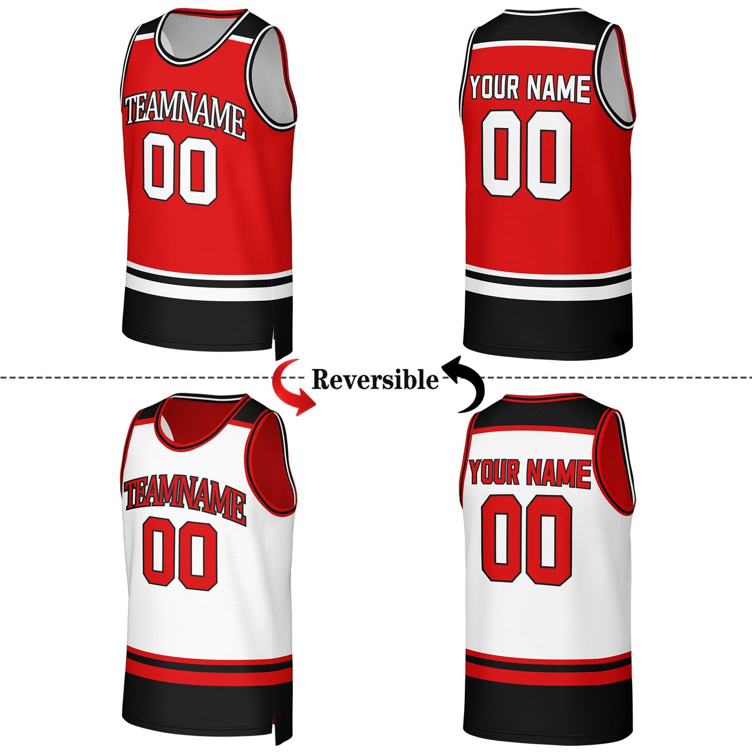 Custom Red & White Striped Reversible Basketball Jersey | Personalized Team Jerseys with Name, Number & Logo