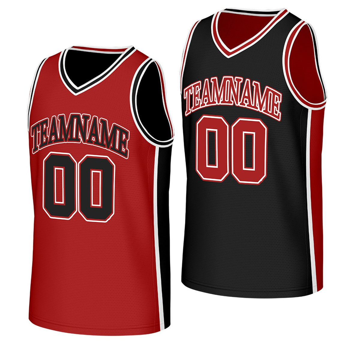 custom recreational basketball team jerseys red black reversible by Vosoli, Personalized team name, number & logo. Fast delivery.