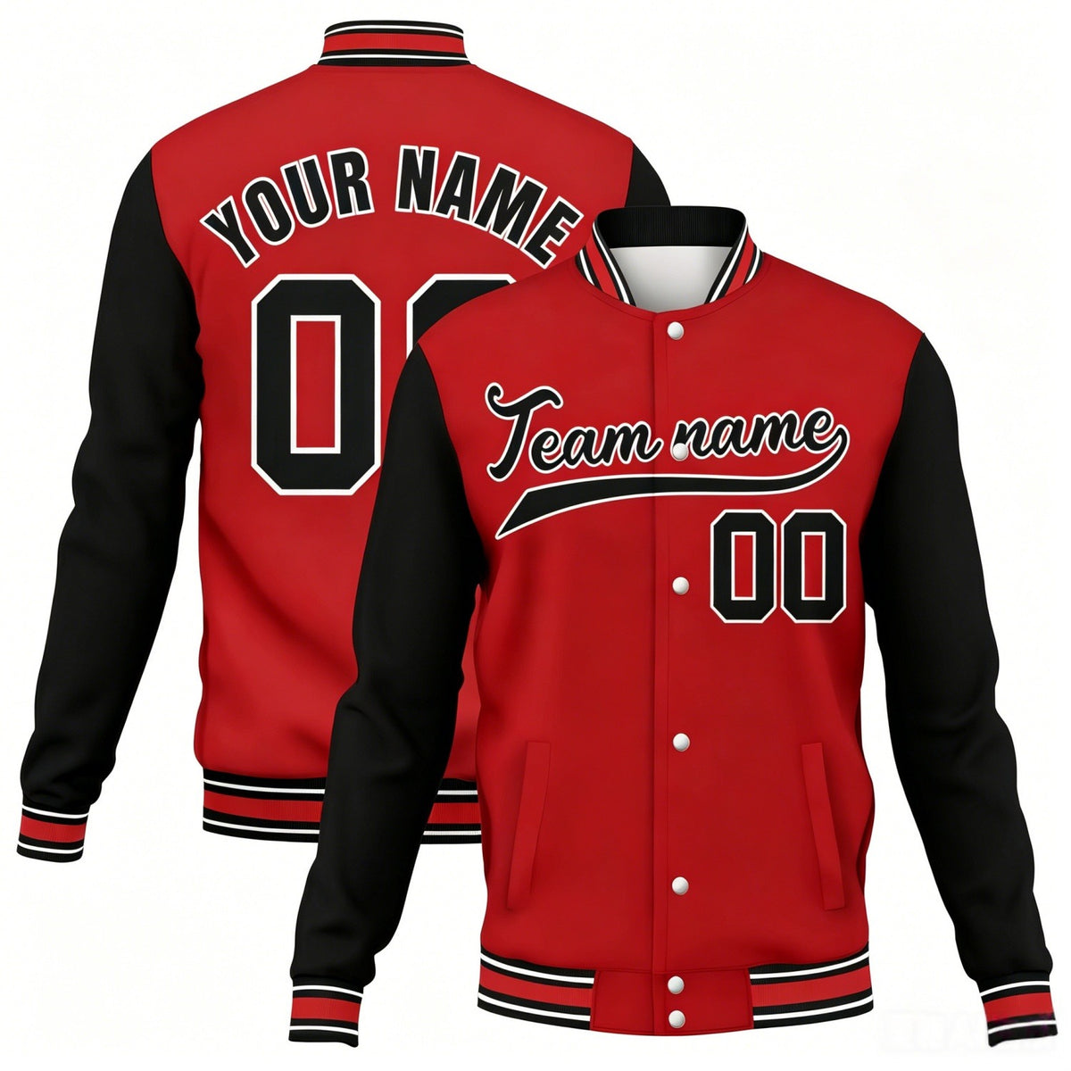 Custom red-black contrast sleeve stitched varsity baseball jacket by Vosoli | Personalized team name &amp; number jacket for youth &amp; adults